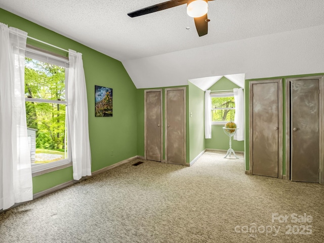 unfurnished bedroom featuring vaulted ceiling, carpet, a textured ceiling, multiple closets, and baseboards