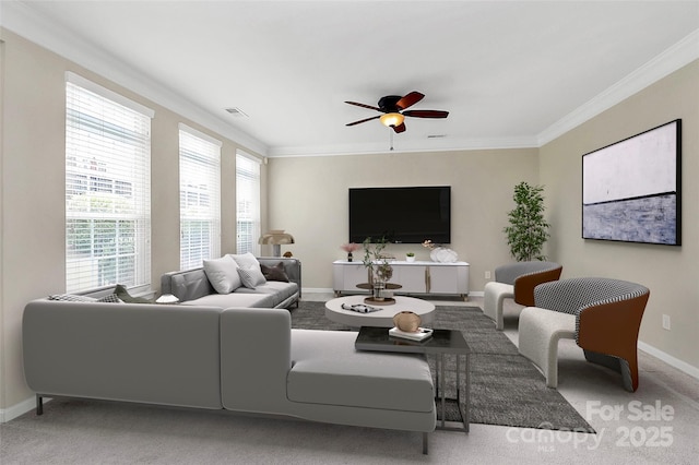 3251 Park S Station Blvd, Charlotte, NC 28210 - living room with a ceiling fan, ornamental molding, baseboards, and carpet flooring