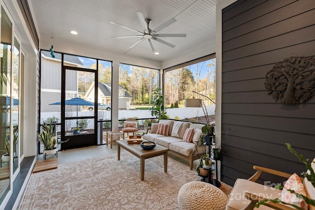 1502 Matthew Mcclure Cir, Davidson, NC 28036 - sunroom / solarium with a ceiling fan and an outdoor hangout area