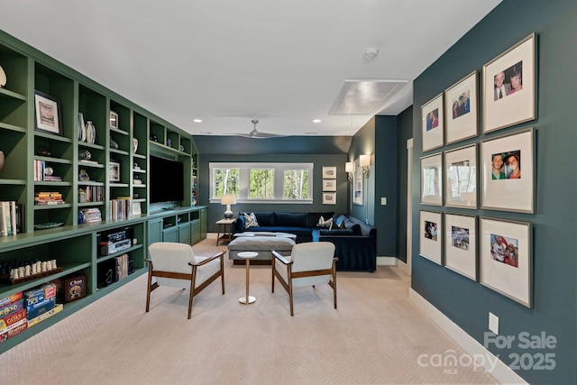 1502 Matthew Mcclure Cir, Davidson, NC 28036 - living area featuring light carpet, baseboards, a ceiling fan, and recessed lighting