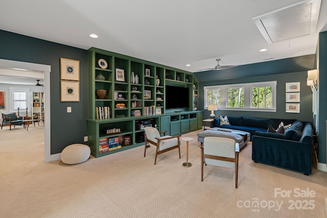 1502 Matthew Mcclure Cir, Davidson, NC 28036 - living area with attic access, light carpet, recessed lighting, and baseboards