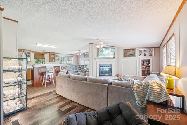 4122 Canal Rd, Marshville, NC 28103 - living room with a textured ceiling, light wood-style flooring, a glass covered fireplace, a ceiling fan, and lofted ceiling