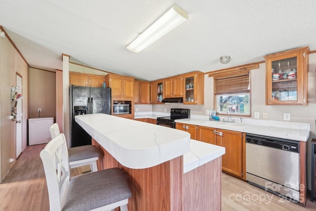 4122 Canal Rd, Marshville, NC 28103 - kitchen featuring black appliances, a sink, light wood-type flooring, vaulted ceiling, and light countertops