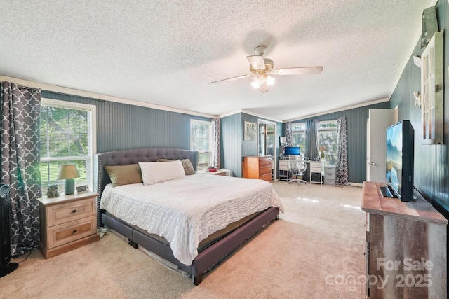 4122 Canal Rd, Marshville, NC 28103 - bedroom with multiple windows, light carpet, a textured ceiling, crown molding, and ceiling fan