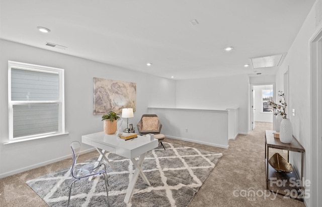 carpeted office featuring attic access, baseboards, and recessed lighting