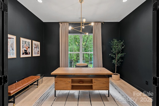 9564 Regent Dr, Davidson, NC 28036 - dining room featuring recessed lighting, light wood-style flooring, and a chandelier