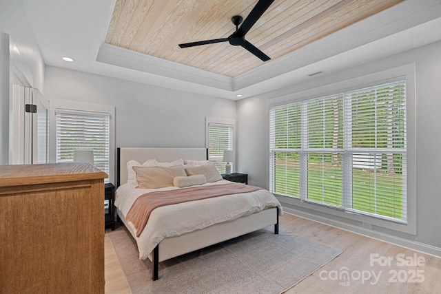9564 Regent Dr, Davidson, NC 28036 - bedroom featuring a tray ceiling, wooden ceiling, light wood-type flooring, ceiling fan, and baseboards