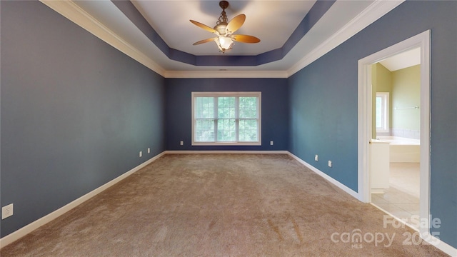 carpeted empty room with a ceiling fan, a tray ceiling, baseboards, and crown molding