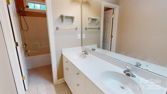 full bath featuring tile patterned floors, double vanity, and shower / bathtub combination