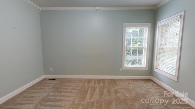 carpeted empty room with crown molding and baseboards