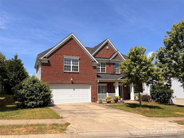 view of front facade featuring a porch, brick siding, a garage, concrete driveway, and a front lawn
