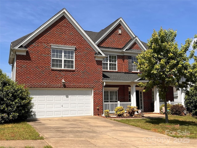 traditional-style home featuring brick siding, covered porch, concrete driveway, and a garage