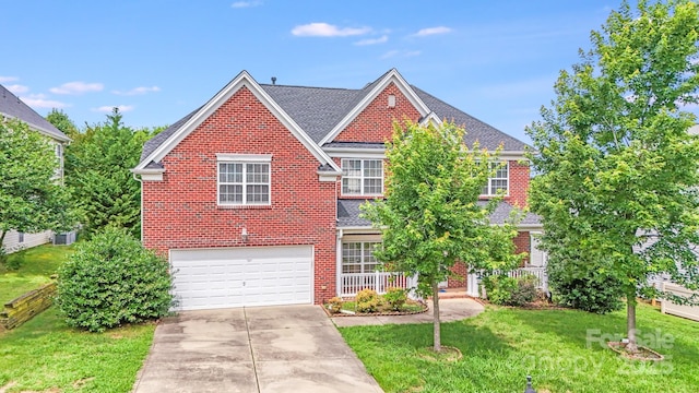 6227 Castlecove Rd, Charlotte, NC 28278 - traditional-style house featuring brick siding, a garage, concrete driveway, a front yard, and a shingled roof