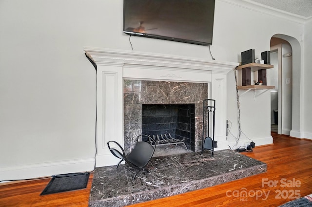 detailed view of wood finished floors, arched walkways, baseboards, a premium fireplace, and ornamental molding