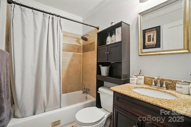 bathroom featuring ornamental molding, shower / bath combination with curtain, toilet, and vanity