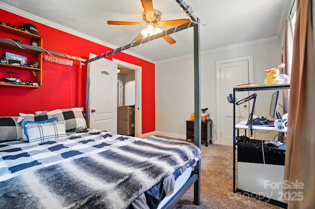 bedroom with carpet floors, crown molding, and ceiling fan