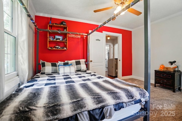 carpeted bedroom featuring crown molding, ceiling fan, and baseboards