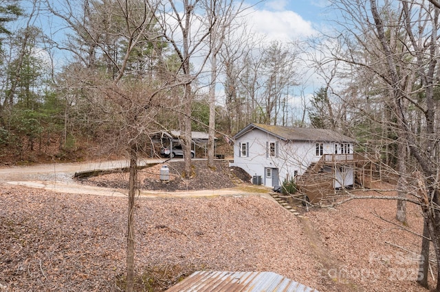 202 Otto Heights Rd, Franklin, NC 28734 - view of property exterior featuring stairway, central air condition unit, and a wooden deck