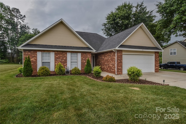 330 Kilmer Ln, Mooresville, NC 28115 - view of front of house featuring an attached garage, brick siding, driveway, a front yard, and roof with shingles