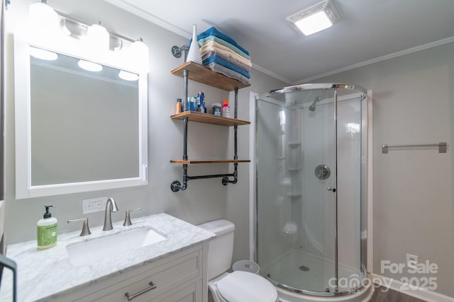 28782 Canton Rd Unit A, Albemarle, NC 28001 - full bathroom with a shower stall, ornamental molding, vanity, and toilet