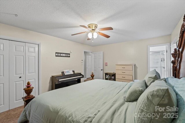 603 Sunnybrook Dr, Monroe, NC 28110 - bedroom featuring carpet flooring, a closet, ceiling fan, and a textured ceiling