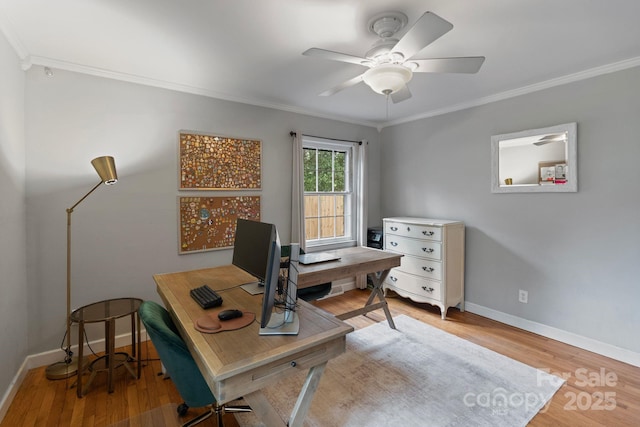 1014 Vandalia Dr, Charlotte, NC 28212 - home office with ornamental molding, light wood-type flooring, baseboards, and a ceiling fan