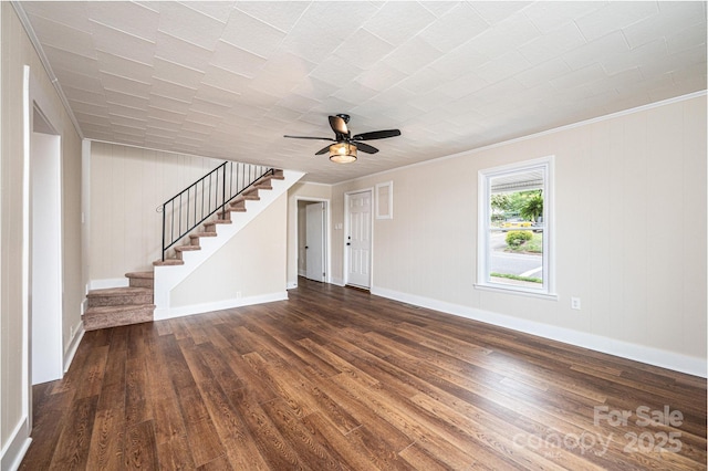 210 W 15th St, Newton, NC 28658 - unfurnished living room with dark wood-type flooring, stairway, ceiling fan, baseboards, and crown molding