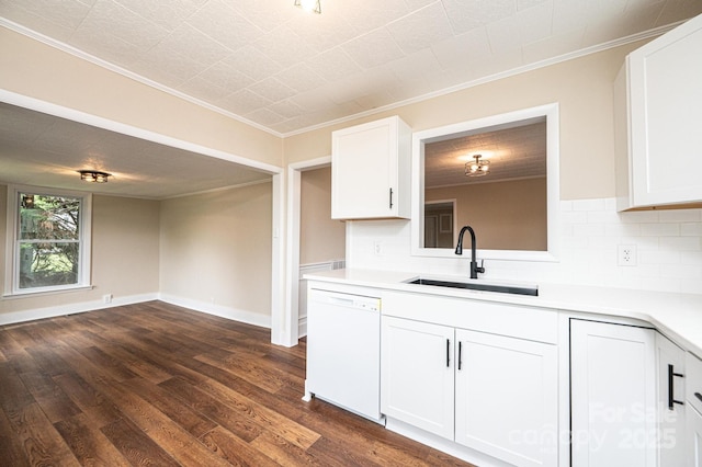 210 W 15th St, Newton, NC 28658 - kitchen featuring dishwasher, a sink, ornamental molding, tasteful backsplash, and white cabinetry