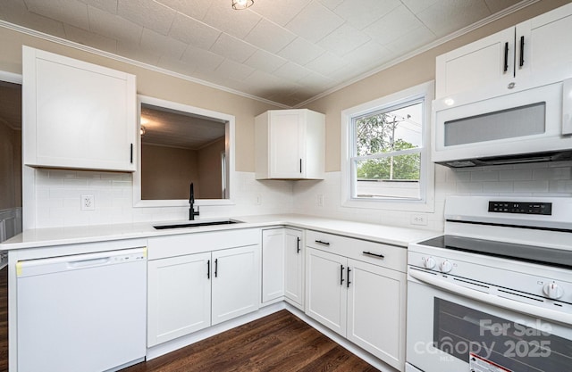 210 W 15th St, Newton, NC 28658 - kitchen with white appliances, a sink, ornamental molding, dark wood-style flooring, and light countertops