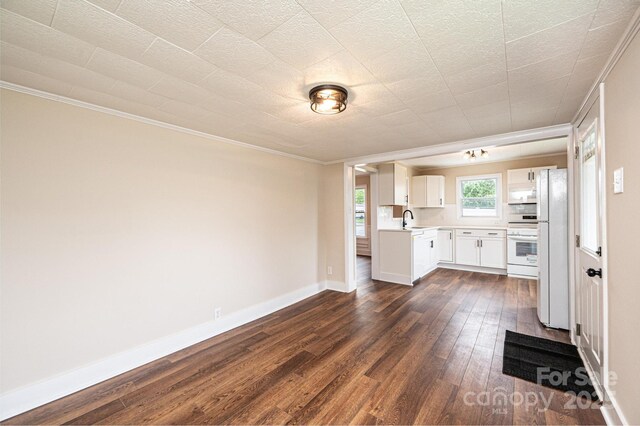 210 W 15th St, Newton, NC 28658 - unfurnished living room featuring a sink, ornamental molding, dark wood-type flooring, and baseboards