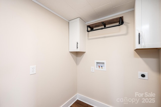 210 W 15th St, Newton, NC 28658 - laundry area with cabinet space, hookup for a washing machine, electric dryer hookup, baseboards, and dark wood-type flooring