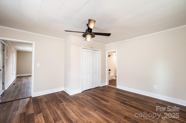 210 W 15th St, Newton, NC 28658 - empty room with a ceiling fan, dark wood-style flooring, ornamental molding, and baseboards