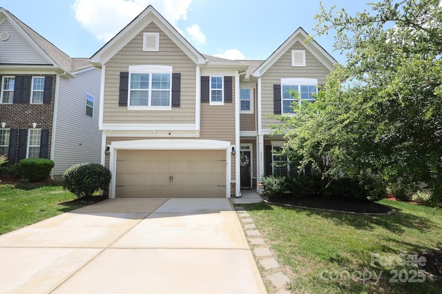 view of front of home featuring concrete driveway, an attached garage, and a front lawn