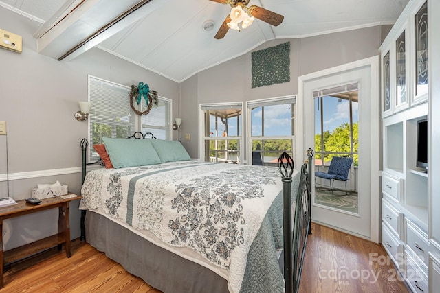 125 Maple St, New London, NC 28127 - bedroom with light wood-style flooring, vaulted ceiling, access to outside, ornamental molding, and ceiling fan