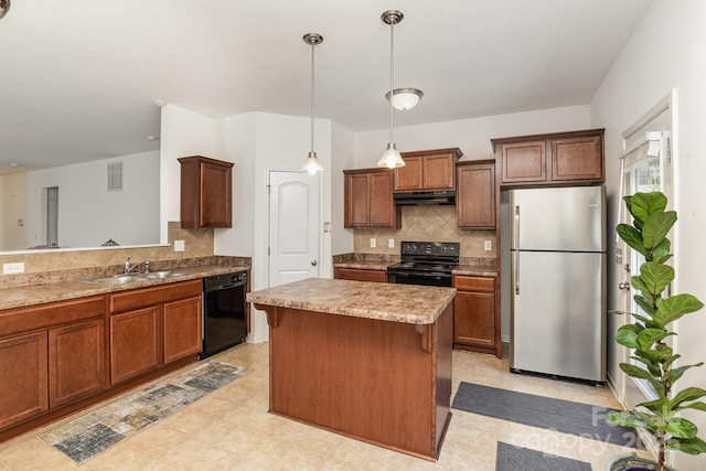 12792 Clydesdale Dr, Midland, NC 28107 - kitchen featuring black appliances, tasteful backsplash, a sink, and under cabinet range hood