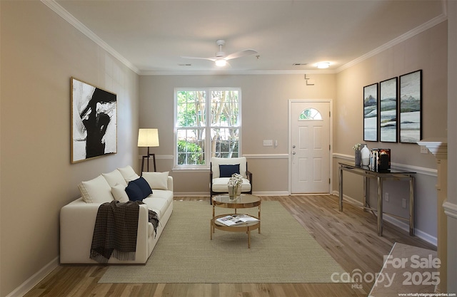 4938 Sunset Ridge Ct, Charlotte, NC 28269 - living room featuring wood finished floors, ornamental molding, ceiling fan, and baseboards