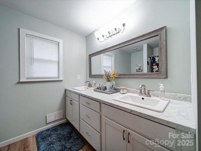 bathroom featuring double vanity, wood finished floors, and baseboards