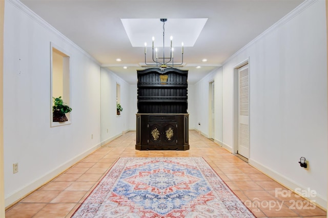 6664 Lake Shore Dr, Hickory, NC 28601 - living room with light tile patterned flooring, a chandelier, crown molding, baseboards, and recessed lighting