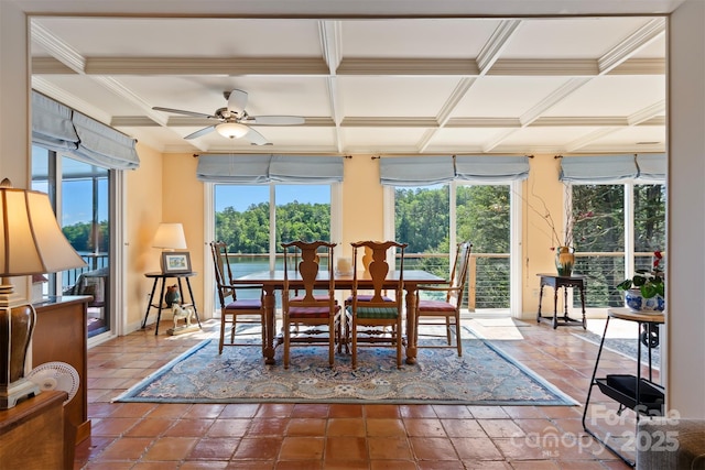 6664 Lake Shore Dr, Hickory, NC 28601 - dining space featuring coffered ceiling, plenty of natural light, a ceiling fan, ornamental molding, and beam ceiling