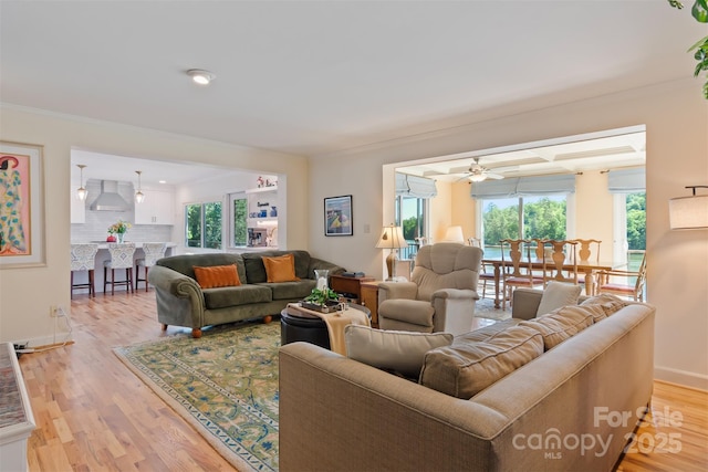 6664 Lake Shore Dr, Hickory, NC 28601 - living area with light wood-style floors, a ceiling fan, crown molding, and baseboards