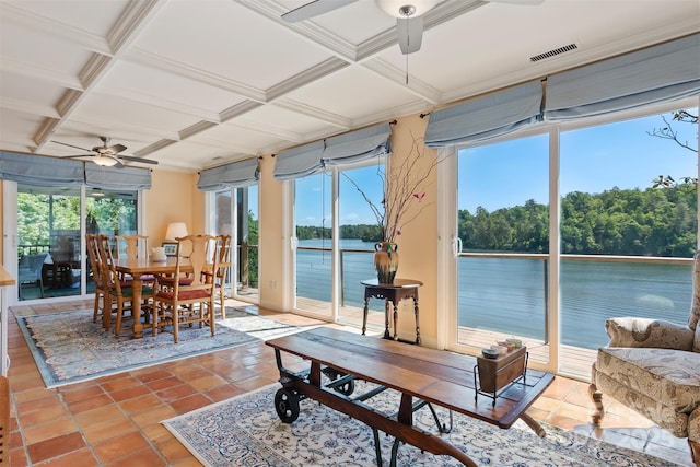 6664 Lake Shore Dr, Hickory, NC 28601 - dining room featuring a ceiling fan, coffered ceiling, healthy amount of natural light, a water view, and tile patterned floors