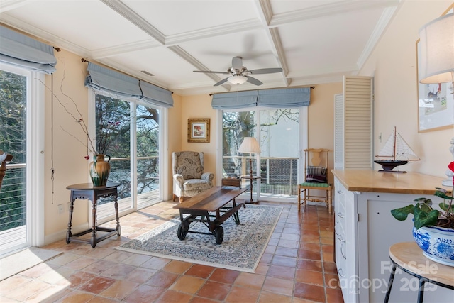 6664 Lake Shore Dr, Hickory, NC 28601 - living area featuring a ceiling fan, coffered ceiling, ornamental molding, and beam ceiling