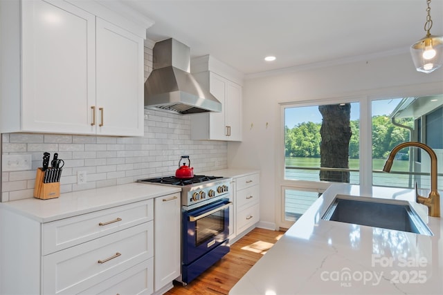 6664 Lake Shore Dr, Hickory, NC 28601 - kitchen with wall chimney exhaust hood, high end stainless steel range oven, a sink, decorative backsplash, and white cabinetry