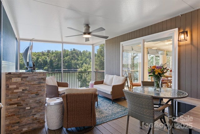 6664 Lake Shore Dr, Hickory, NC 28601 - sunroom featuring ceiling fan and wood finished floors