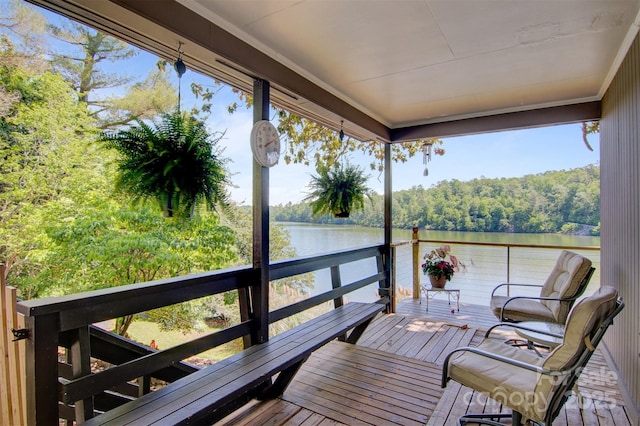 6664 Lake Shore Dr, Hickory, NC 28601 - wooden deck with a water view and a wooded view