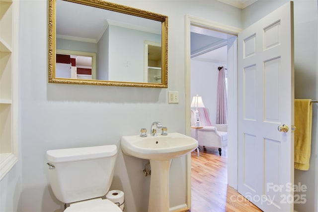 6664 Lake Shore Dr, Hickory, NC 28601 - bathroom with crown molding, toilet, and wood finished floors