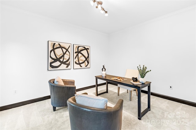4339 Shannamara Dr, Matthews, NC 28104 - office area with light colored carpet, ornamental molding, baseboards, and rail lighting