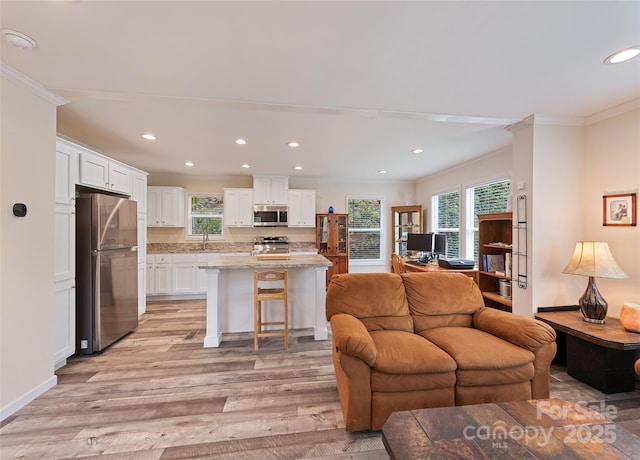 328 Mountain Lion Trl, Maggie Valley, NC 28751 - living area featuring ornamental molding, light wood-type flooring, recessed lighting, and baseboards