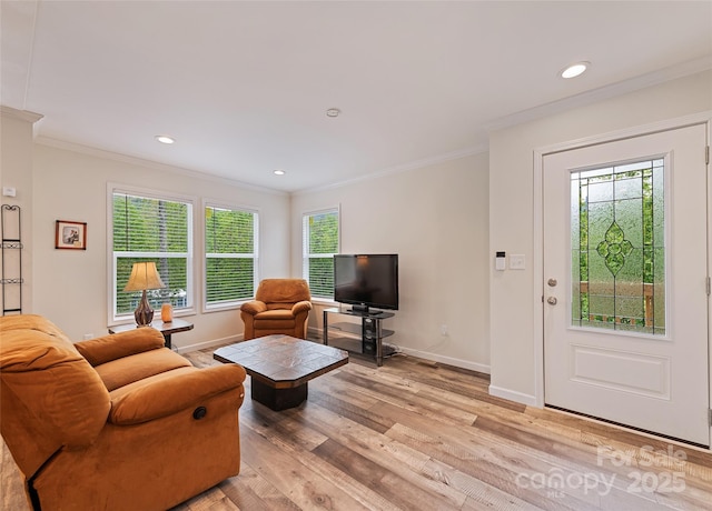 328 Mountain Lion Trl, Maggie Valley, NC 28751 - living area with crown molding, healthy amount of natural light, baseboards, light wood finished floors, and recessed lighting