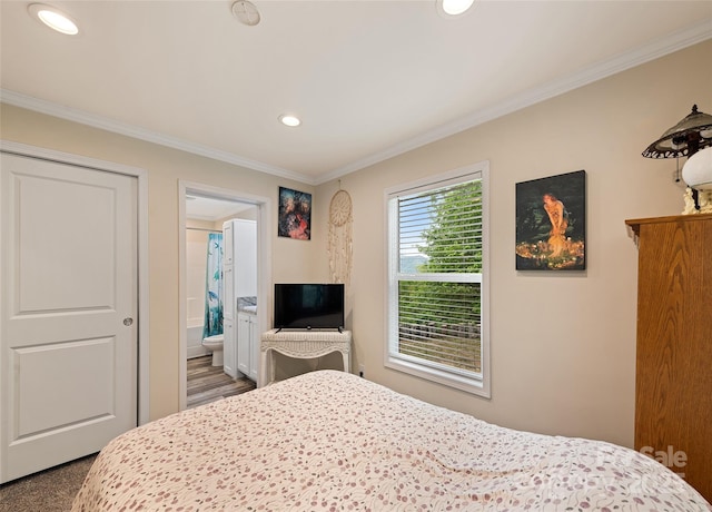 328 Mountain Lion Trl, Maggie Valley, NC 28751 - bedroom featuring ornamental molding, recessed lighting, and ensuite bath